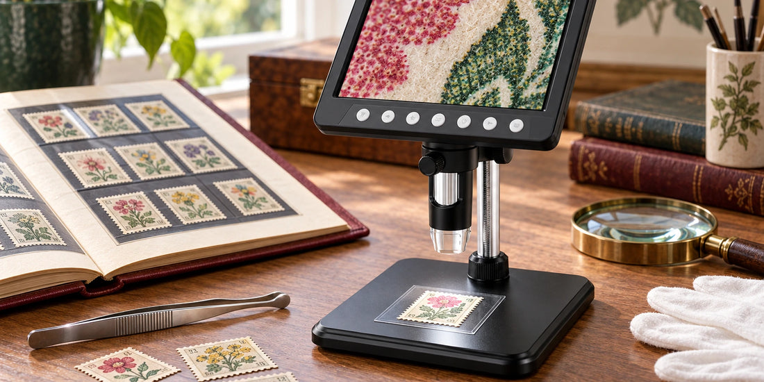 VisioZoom Digitalmikroskop bei der Untersuchung einer Briefmarke und ihrer Papierstruktur