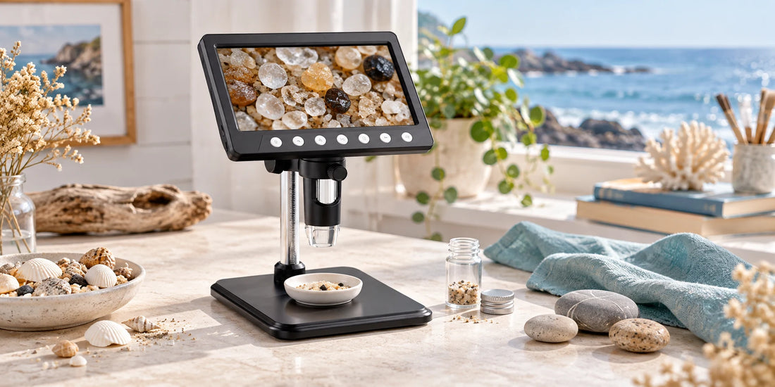 VisioZoom Digitalmikroskop mit Sandkörnern auf dem Bildschirm und einer kleinen Schale unter dem Objektiv
