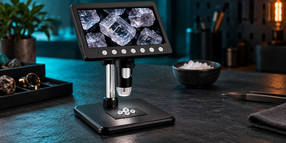 VisioZoom Digitalmikroskop zeigt trockene Salzkristalle auf einem dunklen Probenträger
