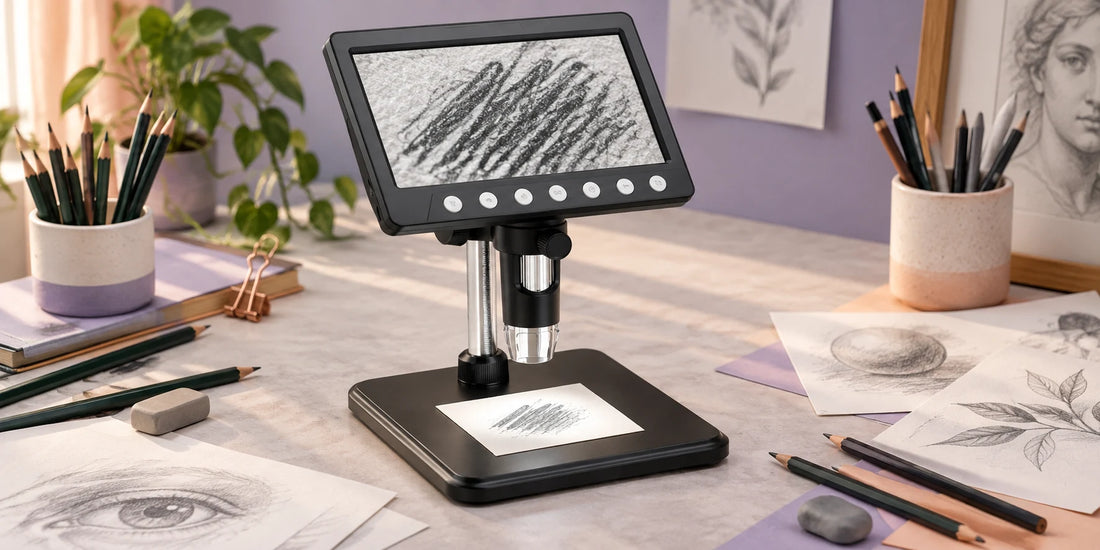 VisioZoom Digitalmikroskop zeigt vergrößerte Bleistiftspuren einer trockenen Papierprobe auf einem Zeichentisch