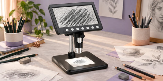 VisioZoom Digitalmikroskop zeigt vergrößerte Bleistiftspuren einer trockenen Papierprobe auf einem Zeichentisch