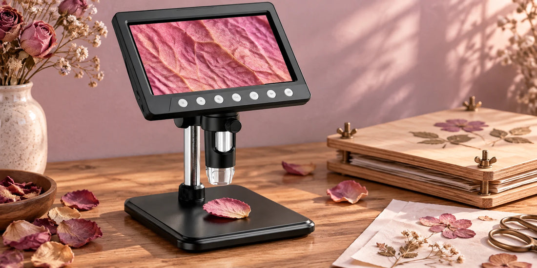 VisioZoom Digitalmikroskop zeigt die Oberflächenstruktur eines getrockneten rosa Blütenblatts