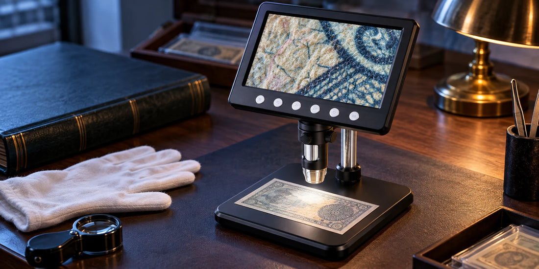 VisioZoom Digitalmikroskop vergrößert Papierstruktur eines neutralen Sammlergeldscheins