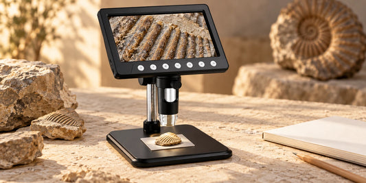 VisioZoom Digitalmikroskop zeigt die Oberfläche einer kleinen trockenen Fossilprobe