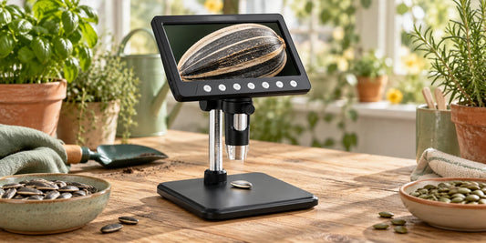 VisioZoom Digitalmikroskop zeigt die vergrößerte gestreifte Hülle eines trockenen Sonnenblumenkerns auf einer Pflanzbank