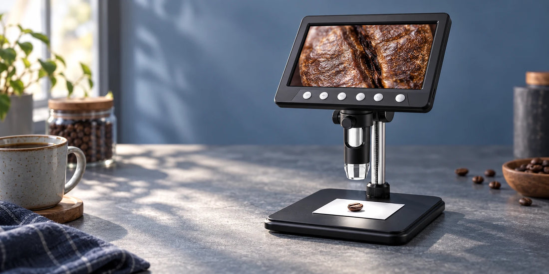 VisioZoom Digitalmikroskop zeigt die Oberfläche einer trockenen Kaffeebohne auf dem Display