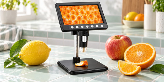 VisioZoom Digitalmikroskop mit vergrößerter Orangenschale neben Zitrone und Apfel