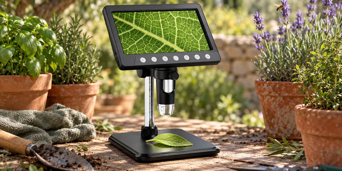VisioZoom Digitalmikroskop bei der Betrachtung von Blattadern auf einer Gartenbank