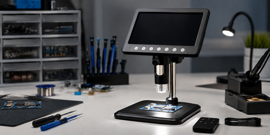 VisioZoom Digitalmikroskop mit beleuchteter Platine auf einem Elektronik-Arbeitsplatz