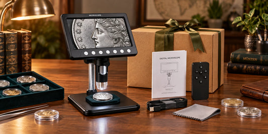 VisioZoom Digitalmikroskop beim Prüfen einer Münzsammlung als Geschenkidee