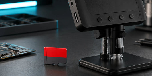 32GB MicroSD-Karte neben dem VisioZoom Digitalmikroskop auf einer Elektronik-Werkbank