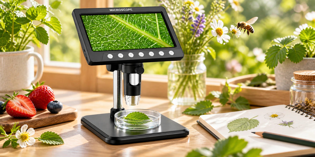 VisioZoom Digitalmikroskop bei der Naturbeobachtung von Blatt, Beeren und Blüten