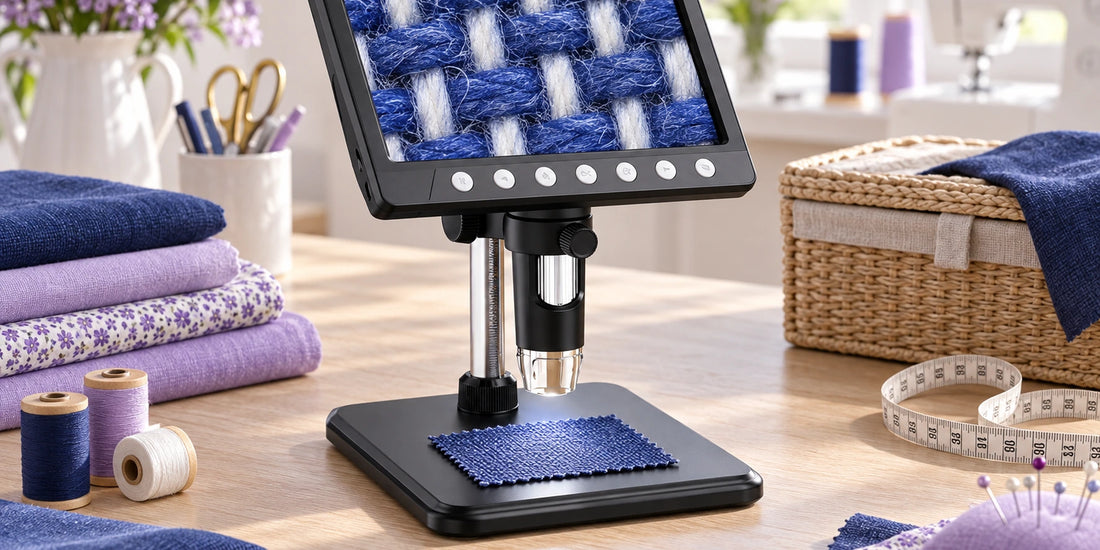 VisioZoom Digitalmikroskop beim Betrachten einer blauen Stoffstruktur im Nähhobby