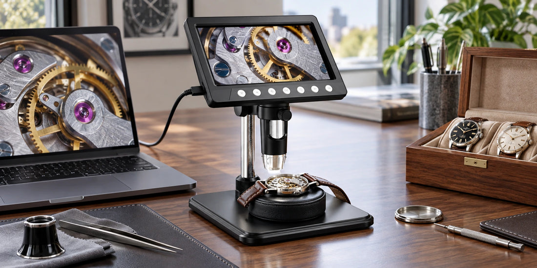 VisioZoom Digitalmikroskop per USB am Laptop bei der Betrachtung eines Uhrwerks