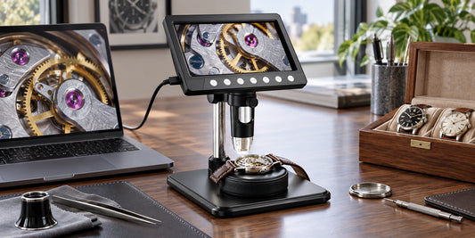 VisioZoom Digitalmikroskop per USB am Laptop bei der Betrachtung eines Uhrwerks